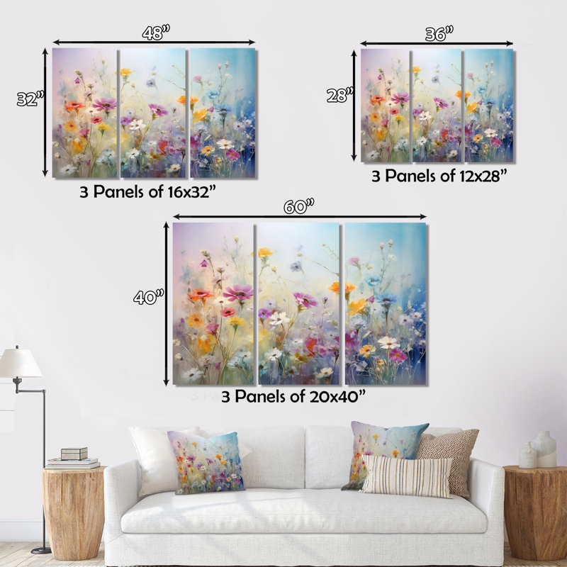 Wildflowers Blossoming Dreams - 3 pièces sur toile tendue, H 28 po x l 36 po x P 1 po