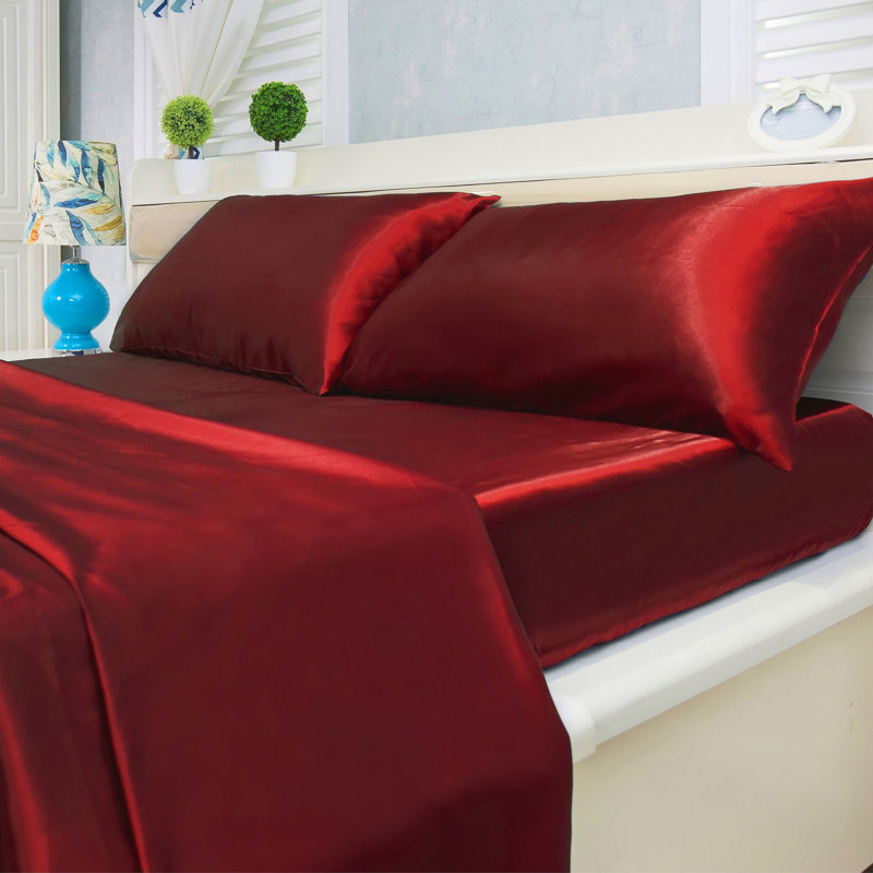  Ensemble de draps en satin 4 pièces Luxury & Soft, Ensemble de draps pour grand lit avec 2 taies d'or, Rouge