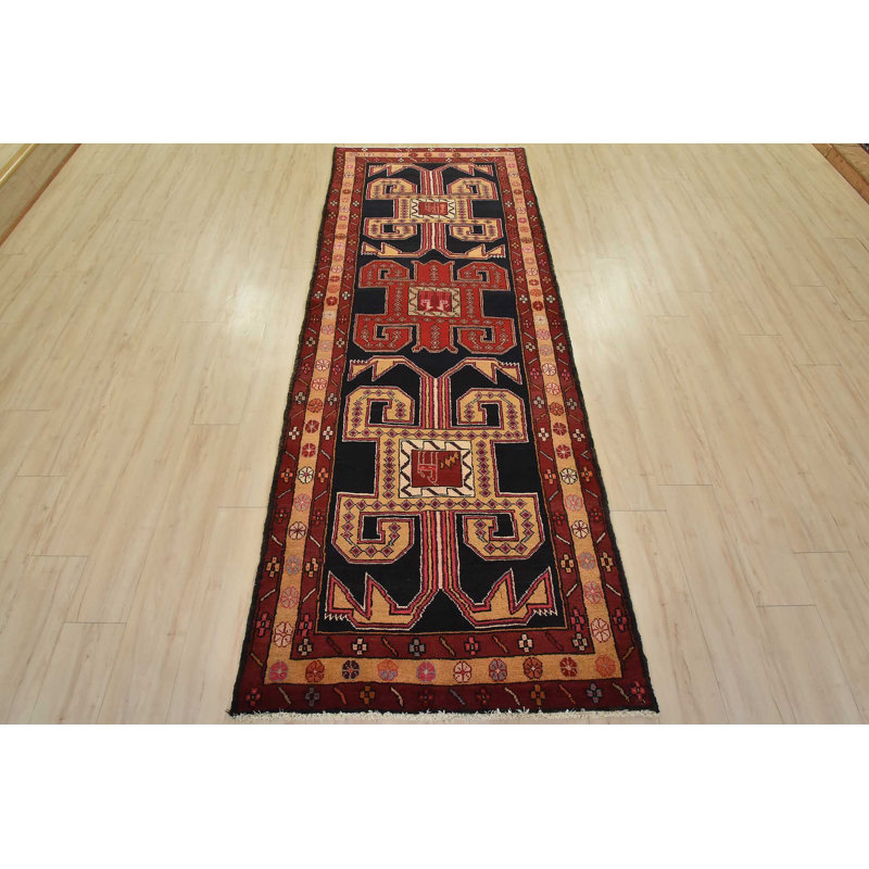 Tapis oriental rétro en laine noué à la main 3 pi 9 po x 9 pi 7 po Tribal