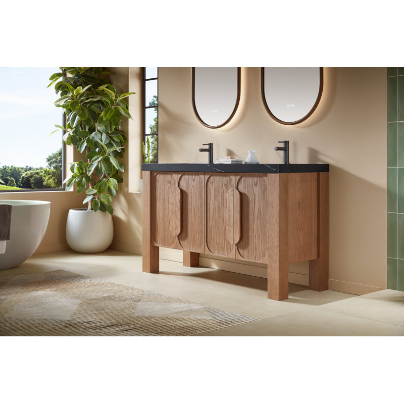 Meuble-lavabo double 60 po Abella Munich, Teck naturel, Noir