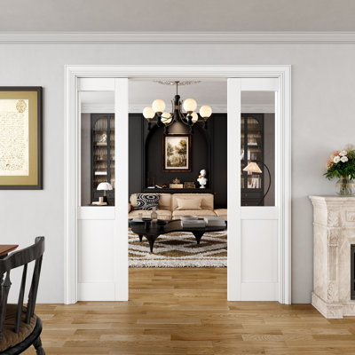 Interior Pocket Doors Half Clear Glass Panel Bathroom Door 1-Lite Sliding Pocket Doors Solid Manufactured Wood Primed Solid Core Sliding Doors With Hardware