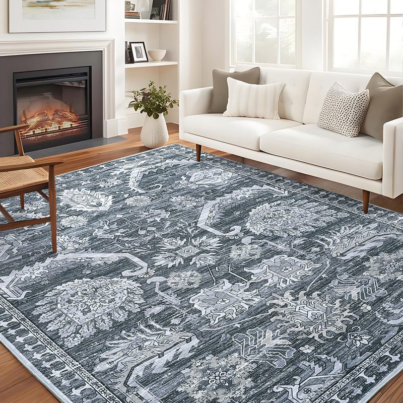 Oriental Machine Washable Rug with Rubber Backing for Living Room Vintage Non-Slip Dining Room Rug Floral Printed Faux Wool Rugs for Bedroom Floor Carpet for Office Nursery Playroom