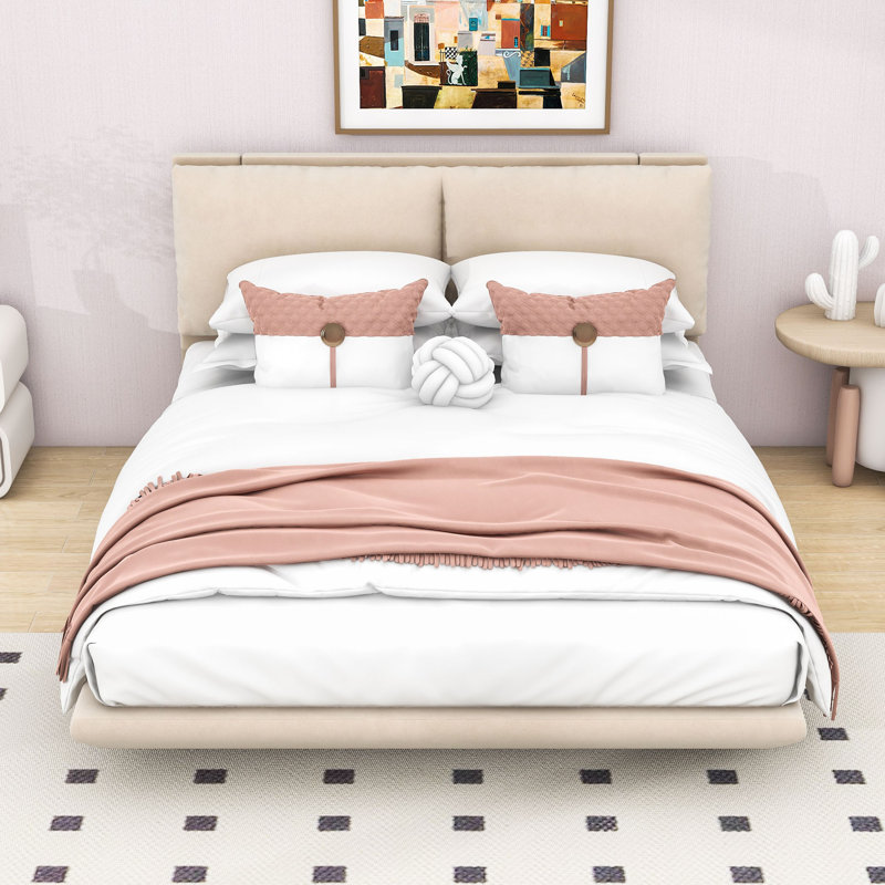 Queen Upholstered Platform Bed with Sensor Light and Floating Design, Beige