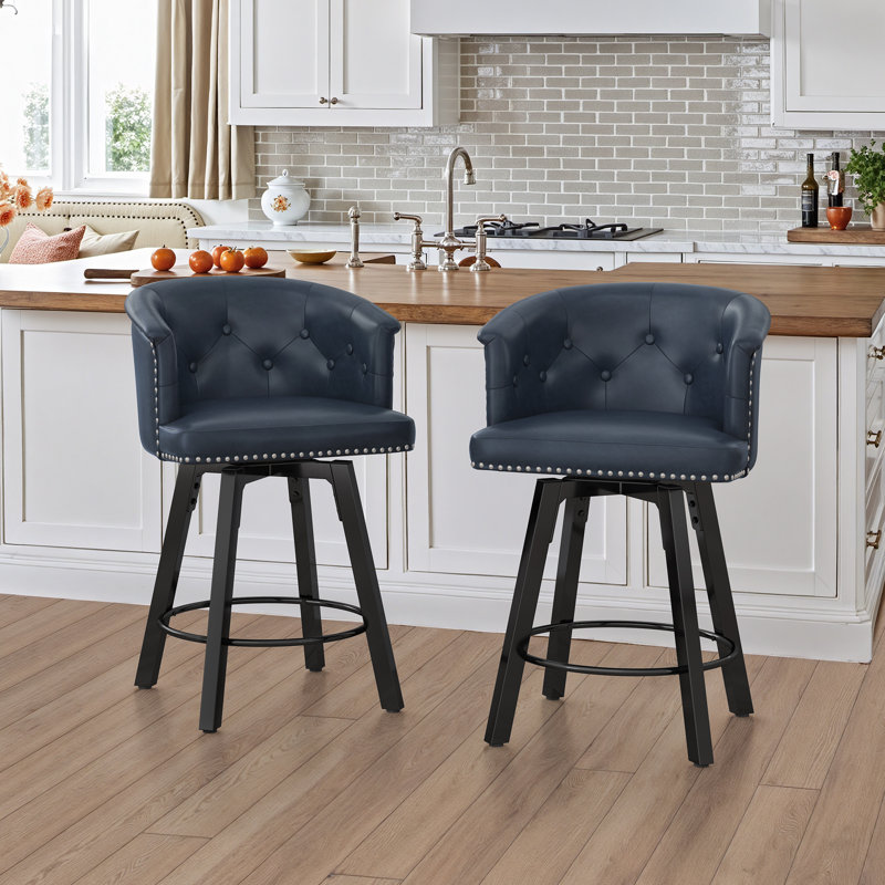 Swivel Upholstered Counter Stool With Metal Frame,, Navy Blue