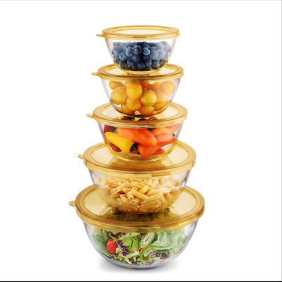 Glass Mixing Bowls with Lids Set, Nesting Salad Bowl, Glass Mixing Bowl, Prepping-Dishwasher Microwave Freezer Safe, 5 pcs, (Amber)