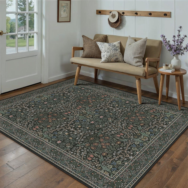 Alora Machine Washable Floral Area Rug With Non-Slip Backing, Dark Green, 0.28", Rectangle 6' x 9'