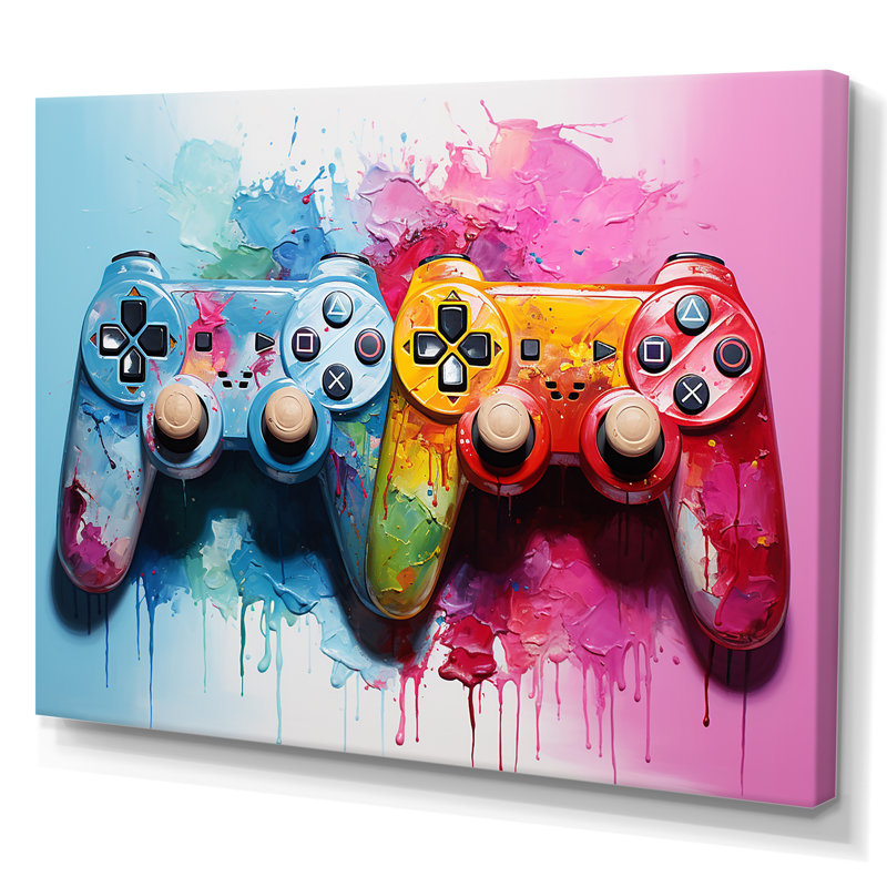 «Pink and Blue Ps Video Game Controllers», art mural jeux vidéo, Toile tendue, H 34 po x l 44 po x P 1,5 po