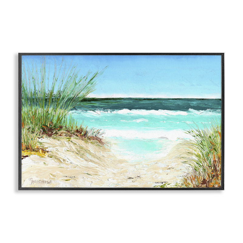 Art de la giclée tropicale avec vue sur la plage par Christine Reichow, Giclée encadrée noir minuit, H 12 po x l 18 po
