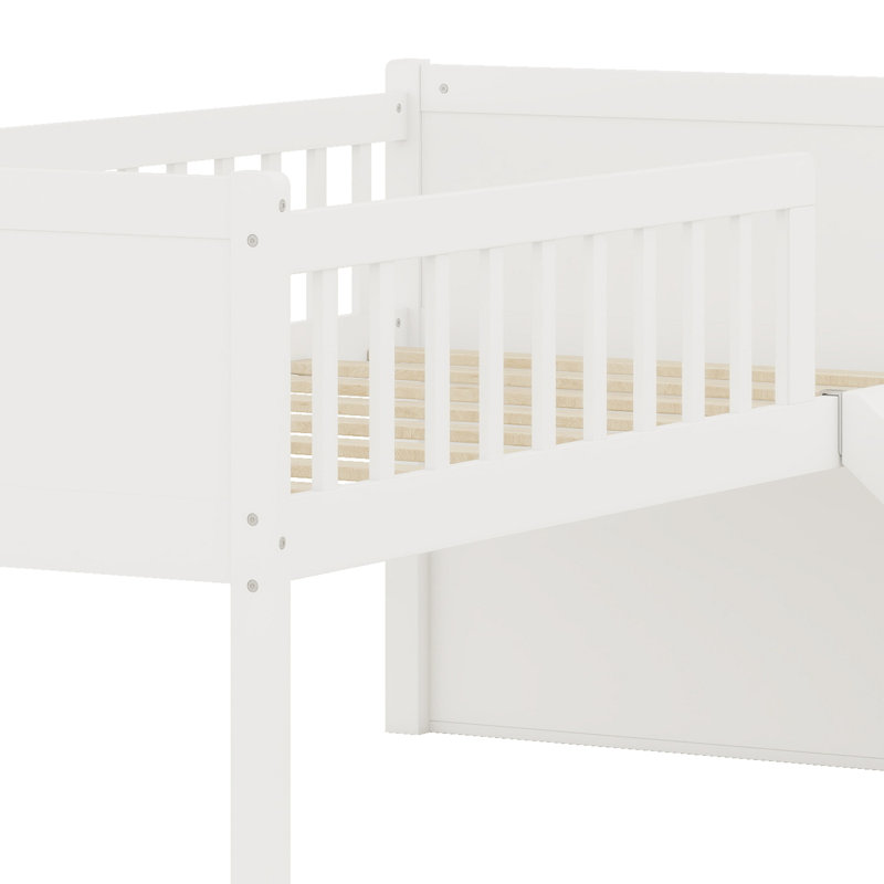 Structure de lit plateforme avec tablette de rangement, glissoire, échelle et barrière de sécurité, Blanc