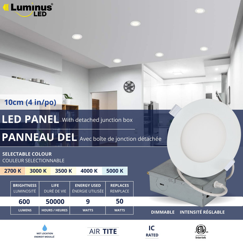 Luminaire encastré à DEL mince de 4 pouces avec boîte de jonction détachée Luminus Basix, homologué IC, 5 TCE, 600 lumens, 9 watts, à intensité variable, paquet de 4, 50000 heures