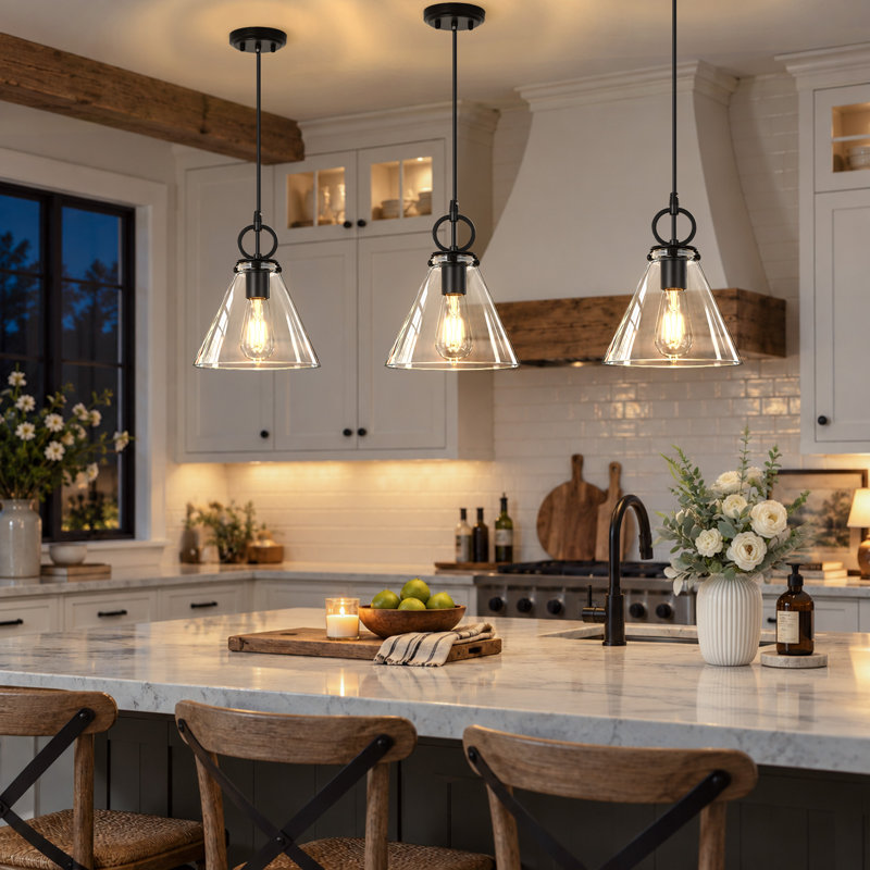 Levona 1-Light Hand-Blown Glass Cone Pendant, Adjustable Ceiling Light Fixture for Kitchen Island, Dining Room, Transparent