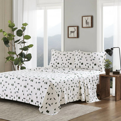 Ensemble de draps 4 pièces très grand avec motif arbres et camions, 100% flanelle de coton, lavable à la machine, drap-housse entièrement élastiqué, avec taies d'oreiller à surface brossée douce, matelas simple / double pour matelas 12 po