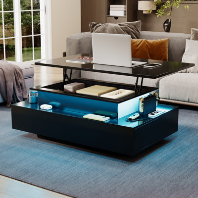  35.4"W Rectangular LED Lift Top Coffee Table With 4 Drawers & Hidden Compartment