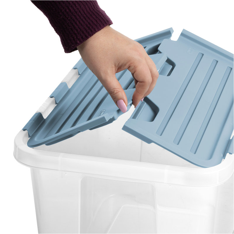 Sterilite 30 Qt Hinged Lid Storage Box, Plastic Container, Washed Blue, 18 Pack, 30 qt.
