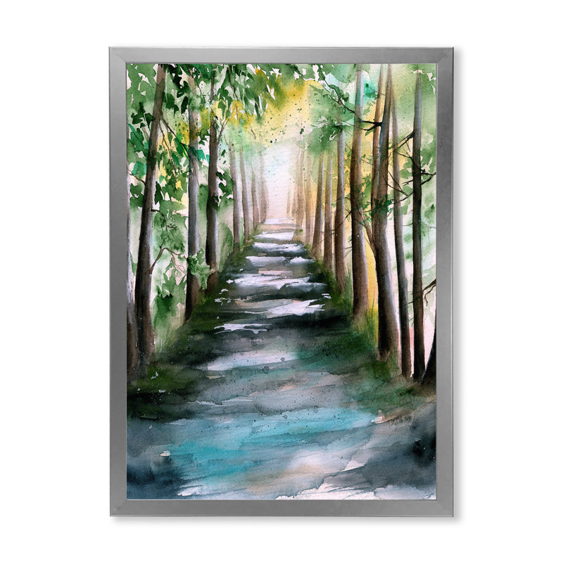 Une allée de forêt ensoleillée avec des ombres d'arbre - peinture sur toile, H 32 po x l 16 po