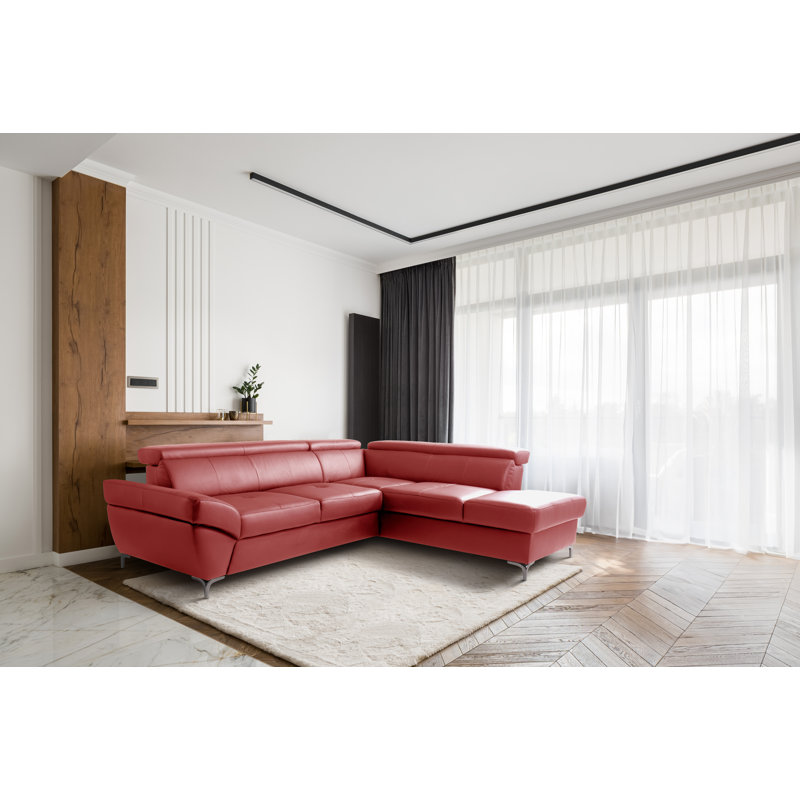 CAPRI Genuine Leather Corner Sofa with Pull-Out Bed and Storage and Adjustable Headrests, Red, Right Hand Facing