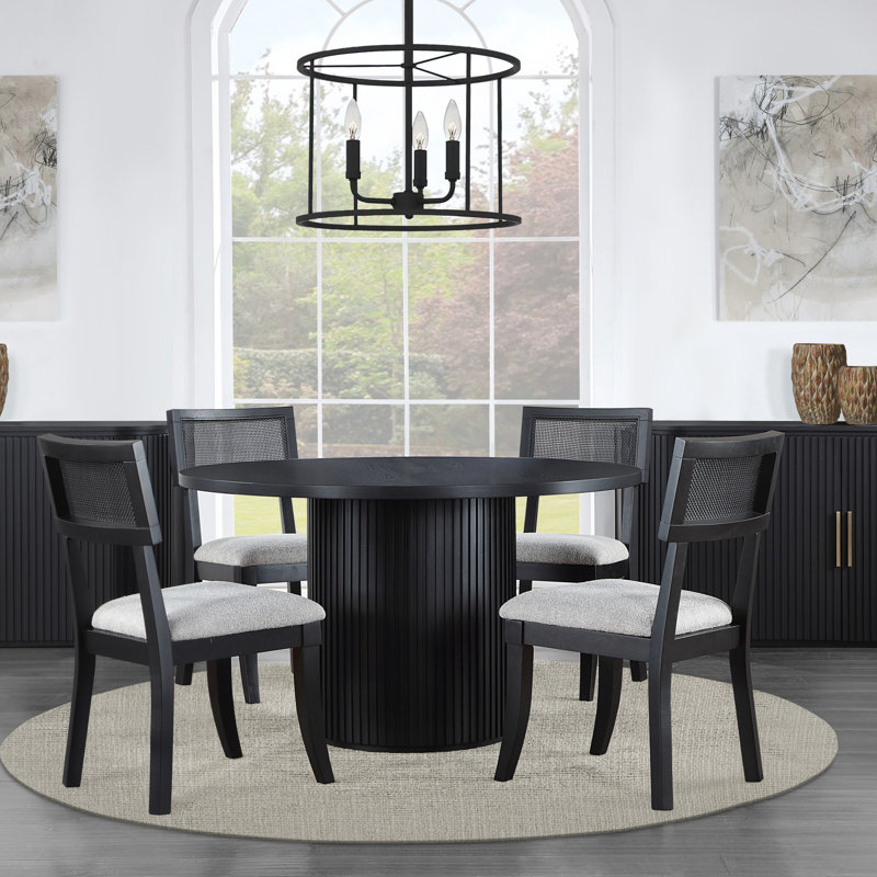 Fiammetta Oak Wood Dining Set, 5 Pieces: Table, 4 Chairs, Black/Black/Gray