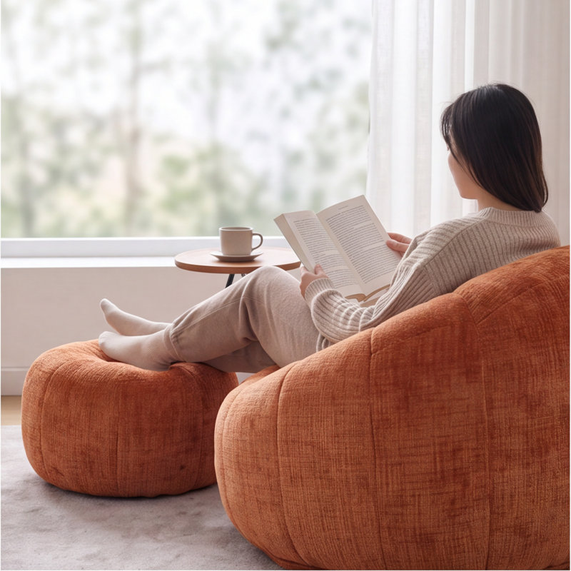 Fauteuil à billes en chenille orange avec repose-pieds - Canapé-lit rond confortable avec coussin, sans assemblage