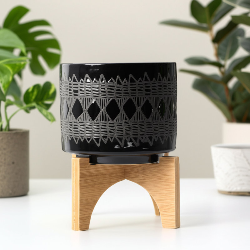 Stoneware & Ceramic Planters with Bamboo Stand, Decorative Indoor Plant Pots, Durable Modern Plant Holders, Aztec Black