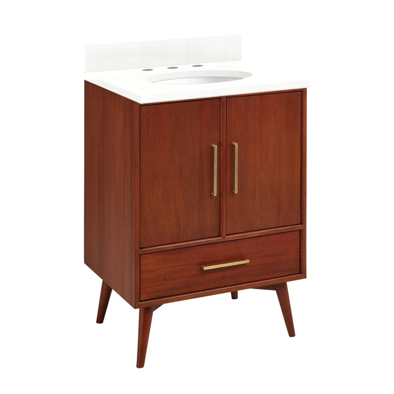 Ensemble de meuble-lavabo simple 24 po avec lavabo encastré ovale Novak, Teck naturel / l 25 po, 8 po, Quartz blanc plume