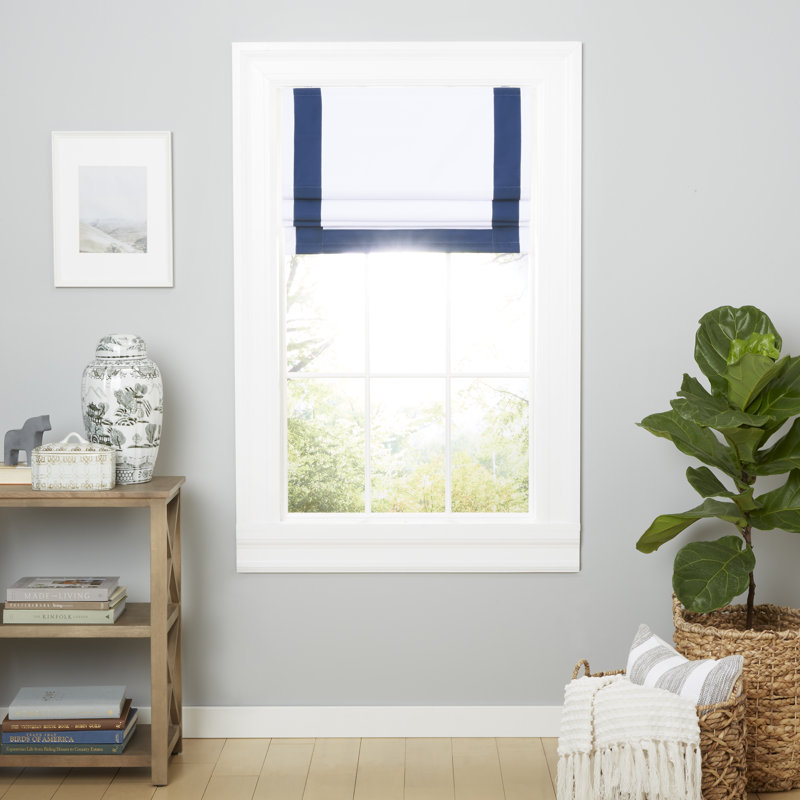 Frontera Blackout Roman Shade, White/Denim, 27"W x 64"L