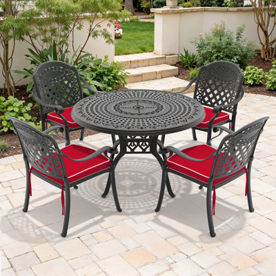 Ensemble de 5 meubles de patio en fonte d'aluminium avec coussins rouges