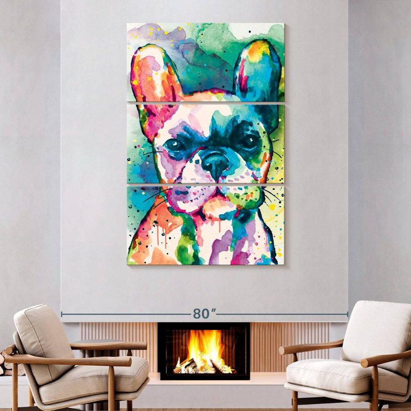 Bouledogue français, peinture, éclaboussures, 3 pièces, H 74 po x l 48 po x P 1,25 po
