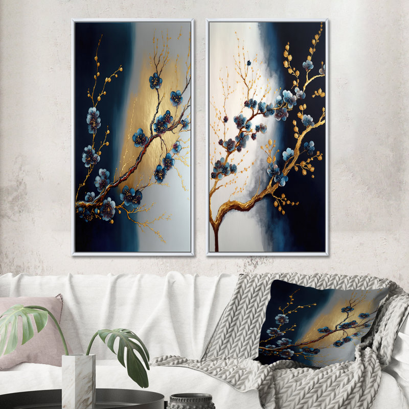 «Blue Cherry Blossom Branch III», 2 pièces sur toile, Cadre blanc, H 20 po x l 24 po
