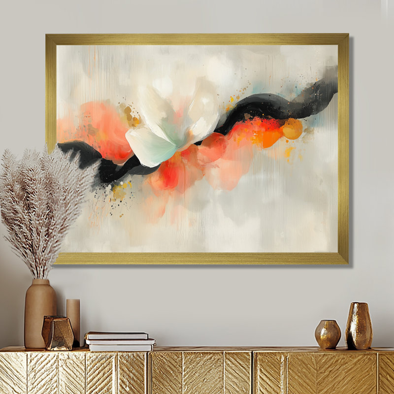 «Emotion Pulse Of Volcano», encre liquide abstraite, H 12 po x l 20 po, Avec cadre, Doré