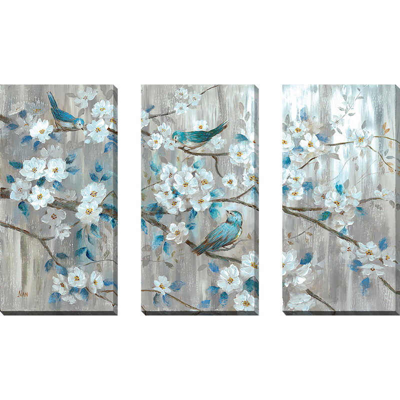 «Teal Birds», reproduction sur toile 3 pièces, H 32 po x l 48 po x P 1 po