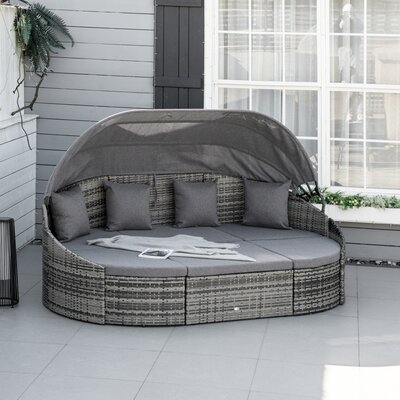 Shenae 4 Pieces Patio PE Wicker Lounge Set, Outdoor Rattan Garden Conversation Furniture Set, Round Sofa Bed With Cannopy, Cushioned, And Pillows, Dar -  Ebern Designs, 90FF6A08D73F459FBA176445DF55B3B9