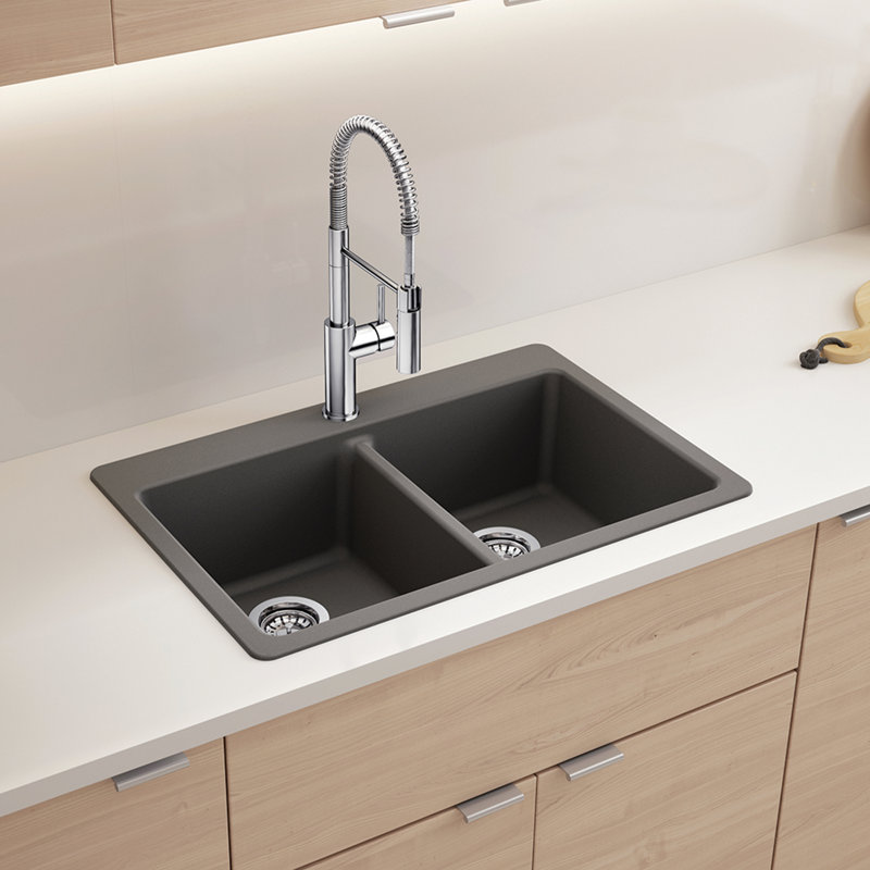 Liven SILGRANIT 33" L x 22" W Double Basin Drop-In/Undermount Kitchen Sink, Soft White