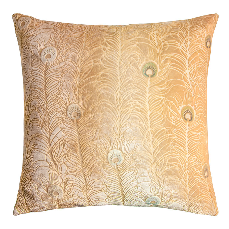 Peacock Feather Square Velvet Pillow Cover & Insert, Square 20", Gold Beige