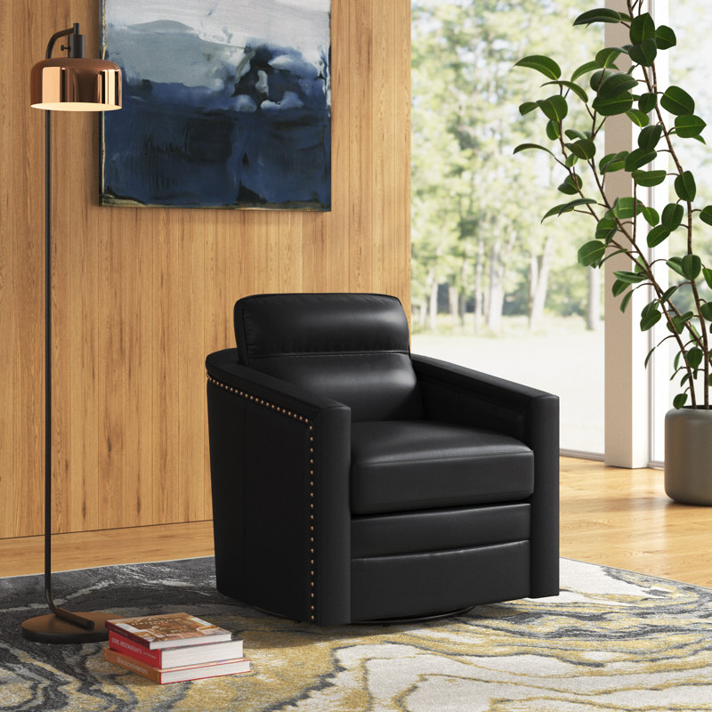Alfonso 28.74'' Wide Genuine Leather Swivel Barrel Chair with Nailed Trim, Black Genuine Leather