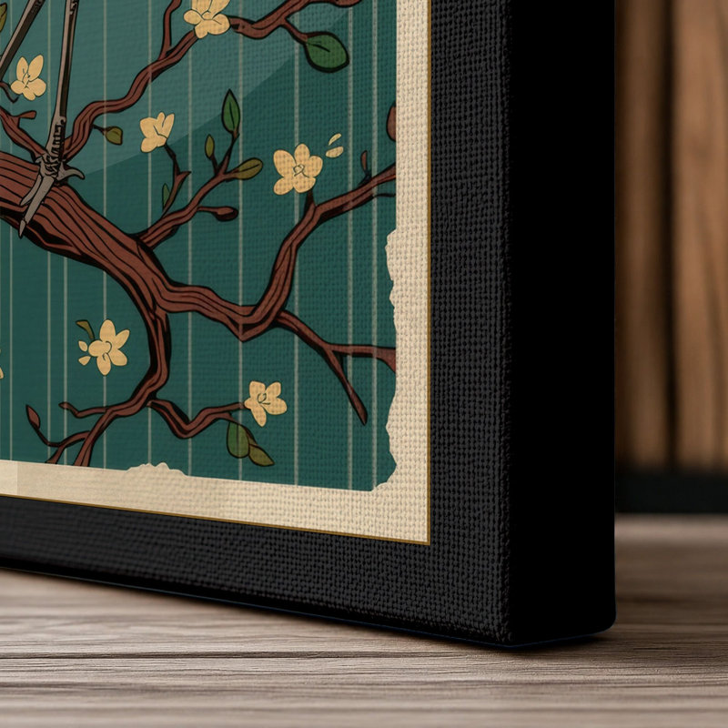 Crane Under Moon Japandi - Wrapped Canvas, 24x16 - 61.0 x 40.6 cm, Black Border