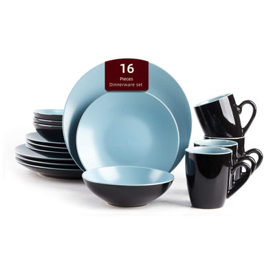 Two-Tone Colors Life 16-Piece Stoneware Dinnerware Set, Outside Shiny Black & Inside Matte Glaze, Service for 4