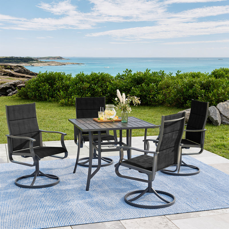 5-Piece Waterproof Patio Dining Set – Outdoor Rectangular Table & 4 Padded Swivel Chairs, Black