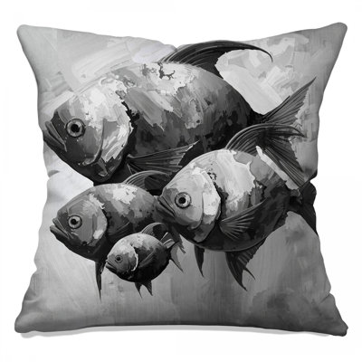 Monochrome Fish Illustration Double Sided Throw Pillows