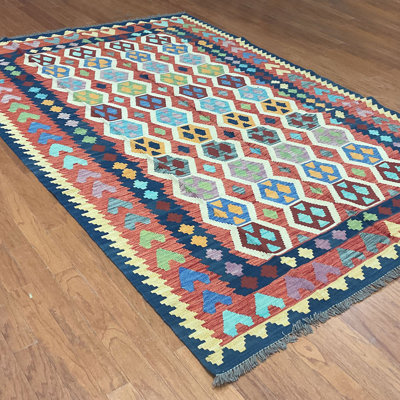 Tapis bleu marine rectangulaire en laine tissé à plat à la main de style afghan 6 pi 8 po x 9 pi 10 po