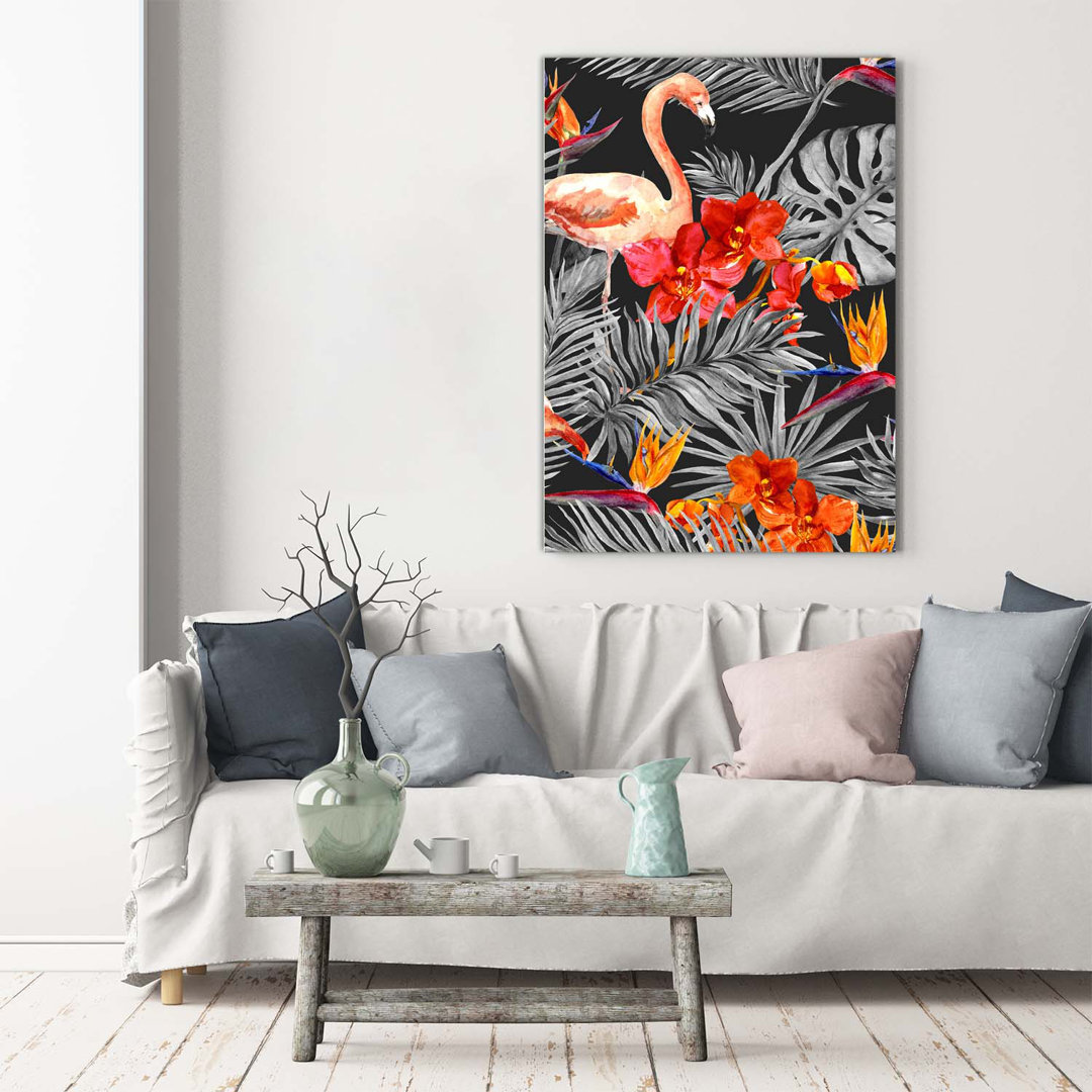 Flamingos und Blumen - Kunstdrucke auf Segeltuch