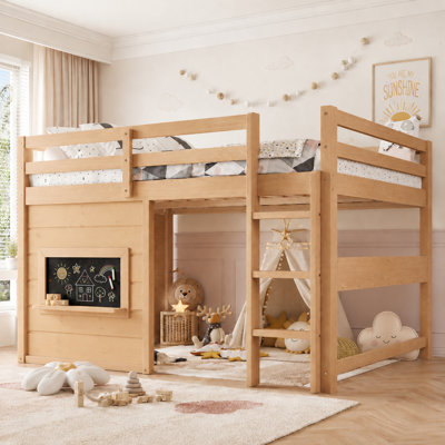 Full Size Solid Wood Loft Bed with Slide, Chalkboard & Built-in Bookshelf, Playful Kids Bed with Safety Guardrails, Heavy-Duty Pine Wood Frame for Kids Room Playroom, Light Natural.
