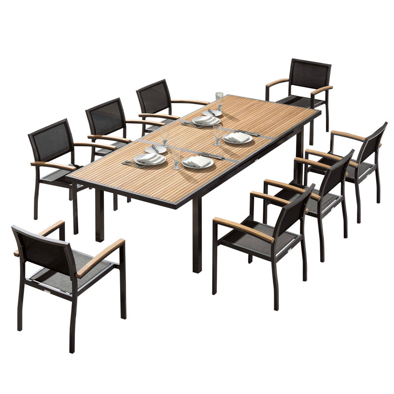 Heck Rectangular 8 - Person Outdoor Dining Set with Extension Teak Tabletop, Akzonobel Black/Natural