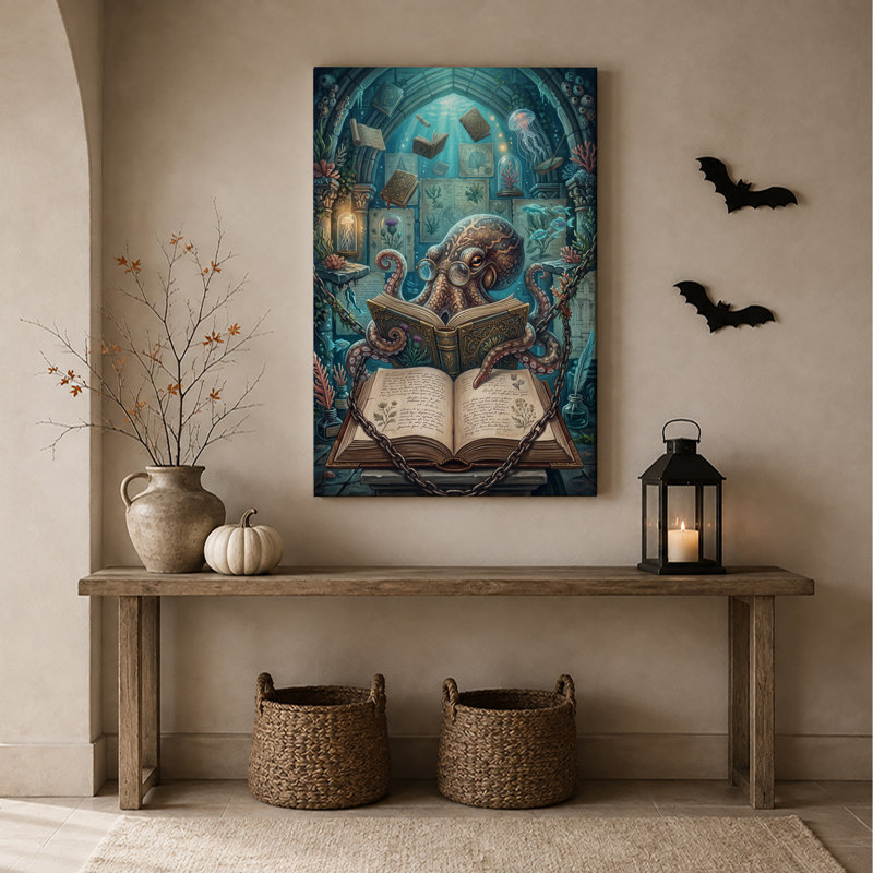 Art mural sur toile "Schole Octopus lecture en bleu sous l'eau", H 48 po x l 36 po