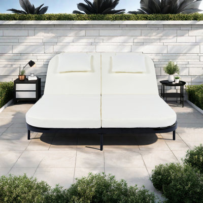 Outdoor Daybed, Patio Rattan Daybed With 5-Position Adjustable Backrest And Removable Cushions&Pillows, Iron Frame Outdoor Bed Loveseat For Garden by Ebern Designs