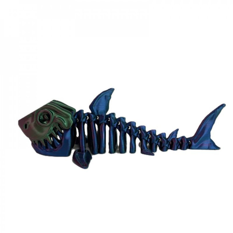 Figurine de squelette de requin à tête verte imprimée en 3D, H 2 po x l 0,5 po x P 6,5 po, Bleu / Vert