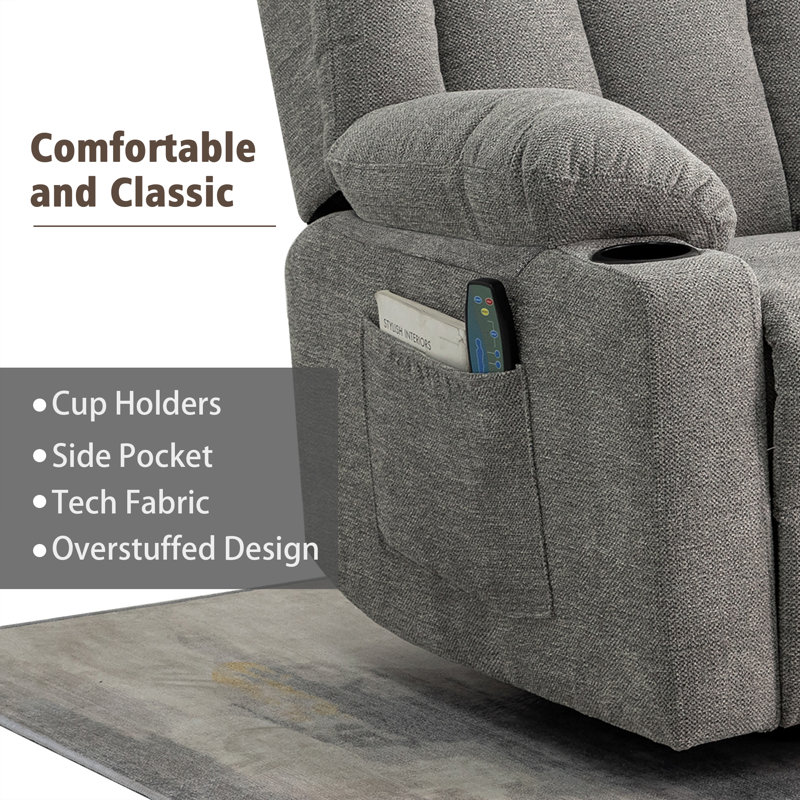 Latitude Run® Swivel Rocker Recliner Chair with Massage and Heat, Limestone