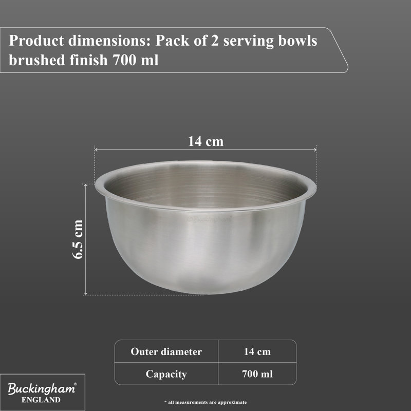 Buckingham Salad Mixing Bowls Pack of 2 Stainless Steel Matt Finish 14 Cm 0.7 Litre