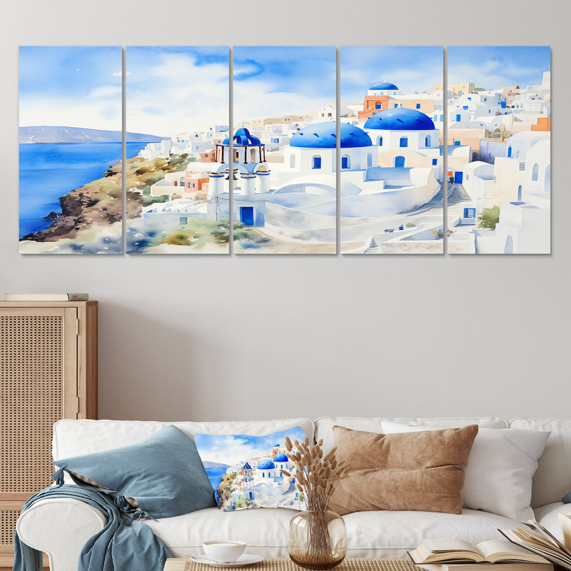 «Grèce Santorini Landscape IV - Grèce», art mural sur toile 5 pièces, H 28 po x l 60 po