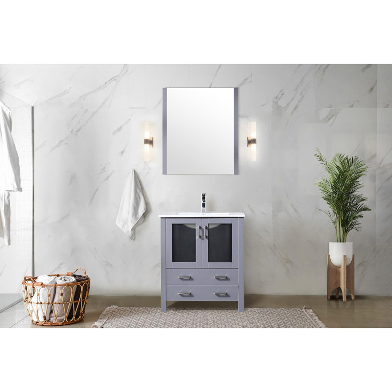 30 po Meuble-lavabo gris foncé W, couche supérieure en céramique blanche, miroir mural carré de 28 po, fonctionnalité de fermeture en douceur, meuble-lavabo large avec une armoire et deux tiroirs, comptoir, tiroirs 18,25 po