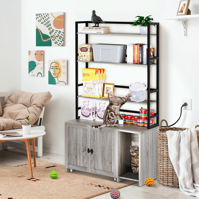 Large Gray Cat Litter Box Enclosure with Shelves and Charging Station